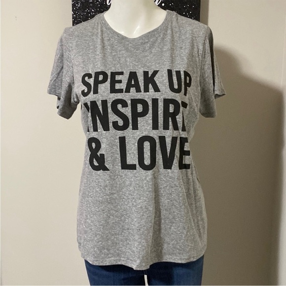 Cinq A Sept Top Speak Up Inspire and Love crewneck T shirt Gray Short Sleeve XXS - Picture 2 of 8